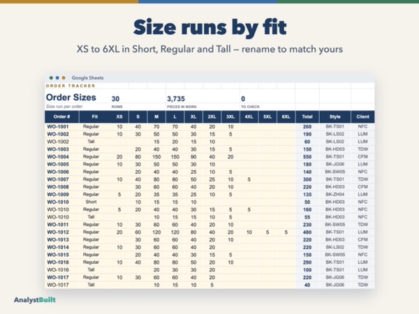 Size runs by fit: XS to 6XL in Short, Regular and Tall — rename to match yours