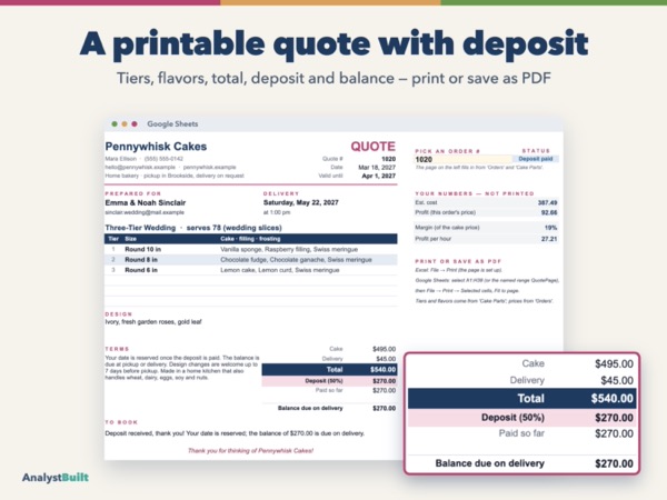 A printable quote with deposit: Tiers, flavors, total, deposit and balance — print or save as PDF