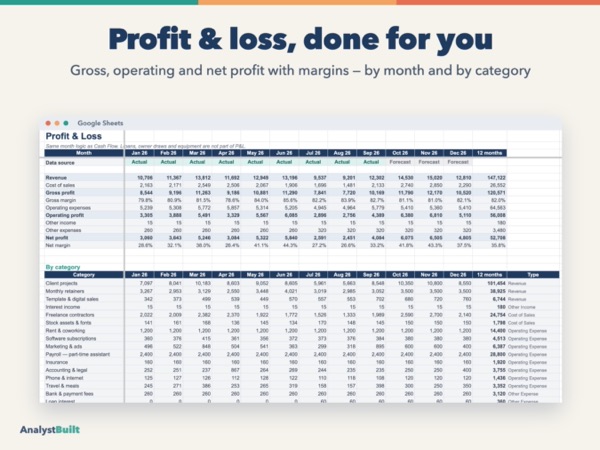 Profit & loss, done for you: Gross, operating and net profit with margins — by month and by category
