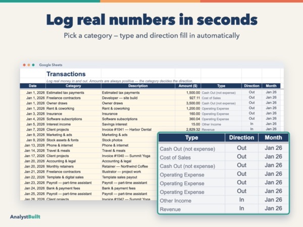 Log real numbers in seconds: Pick a category — type and direction fill in automatically