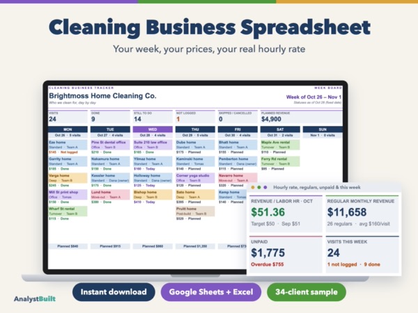 Cleaning Business Tracker: Your week, your prices, your real hourly rate