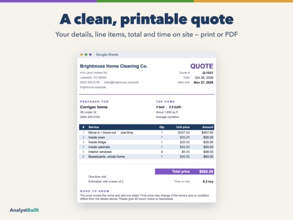 A clean, printable quote: Your details, line items, total and time on site — print or PDF