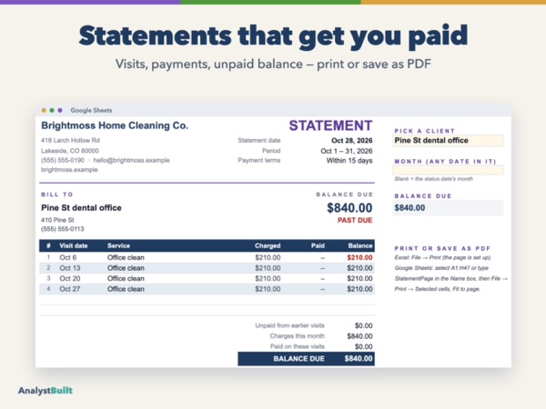 Statements that get you paid: Visits, payments, unpaid balance — print or save as PDF