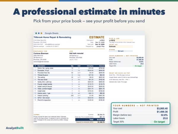 A professional estimate in minutes: Pick from your price book — see your profit before you send