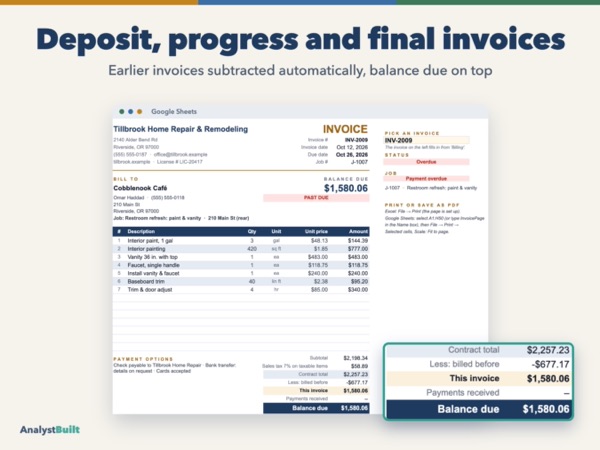 Deposit, progress and final invoices: Earlier invoices subtracted automatically, balance due on top