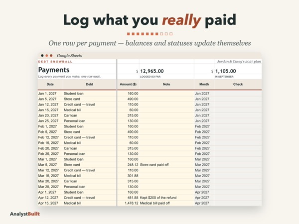Log what you really paid: One row per payment — balances and statuses update themselves