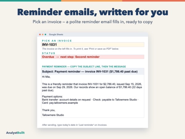 Reminder emails, written for you: Pick an invoice — a polite reminder email fills in, ready to copy