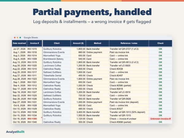Partial payments, handled: Log deposits & installments — a wrong invoice # gets flagged