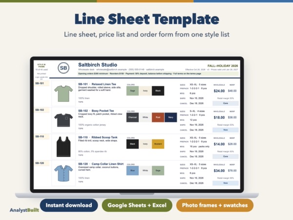 Line Sheet Template & Wholesale Order Form: Line sheet, price list and order form from one style list