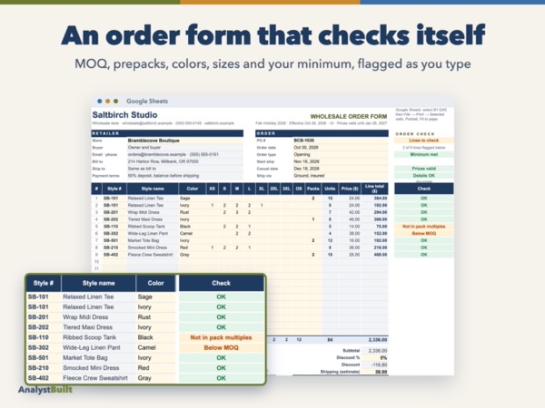 An order form that checks itself: MOQ, prepacks, colors, sizes and your minimum, flagged as you type