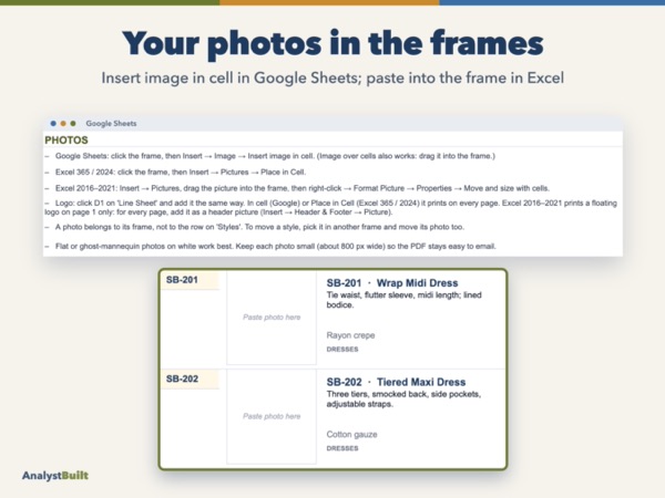Your photos in the frames: Insert image in cell in Google Sheets; paste into the frame in Excel