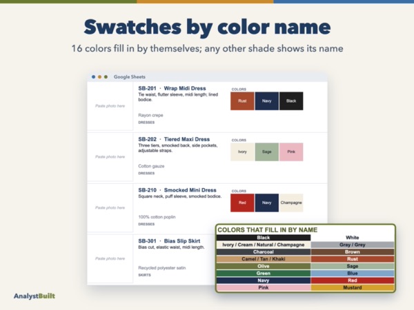 Swatches by color name: 16 colors fill in by themselves; any other shade shows its name