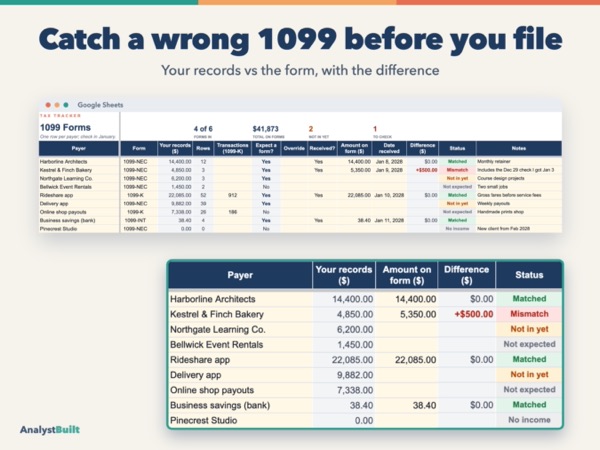 Catch a wrong 1099 before you file: Your records vs the form, with the difference