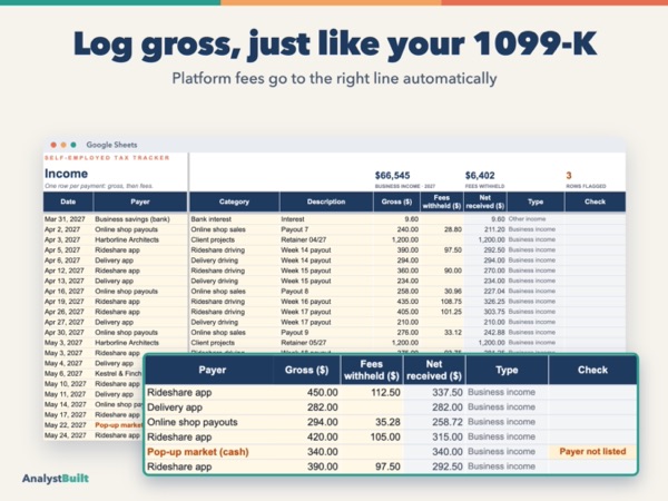 Log gross, just like your 1099-K: Platform fees go to the right line automatically