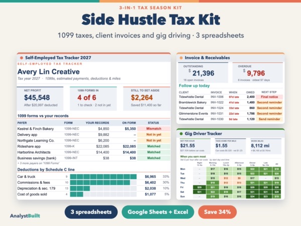 Side Hustle Tax Kit: 1099 taxes, client invoices and gig driving · 3 spreadsheets