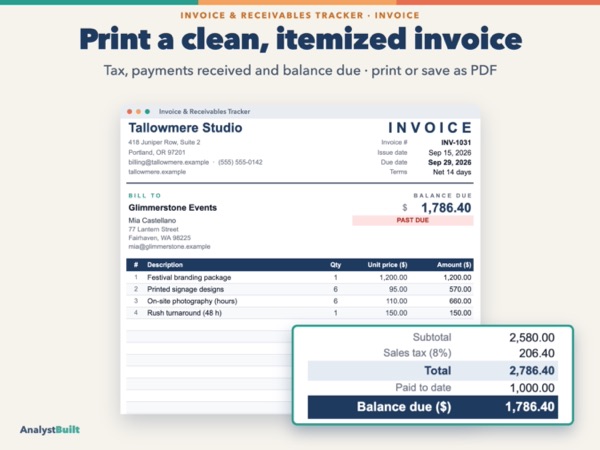 Print a clean, itemized invoice: Tax, payments received and balance due · print or save as PDF